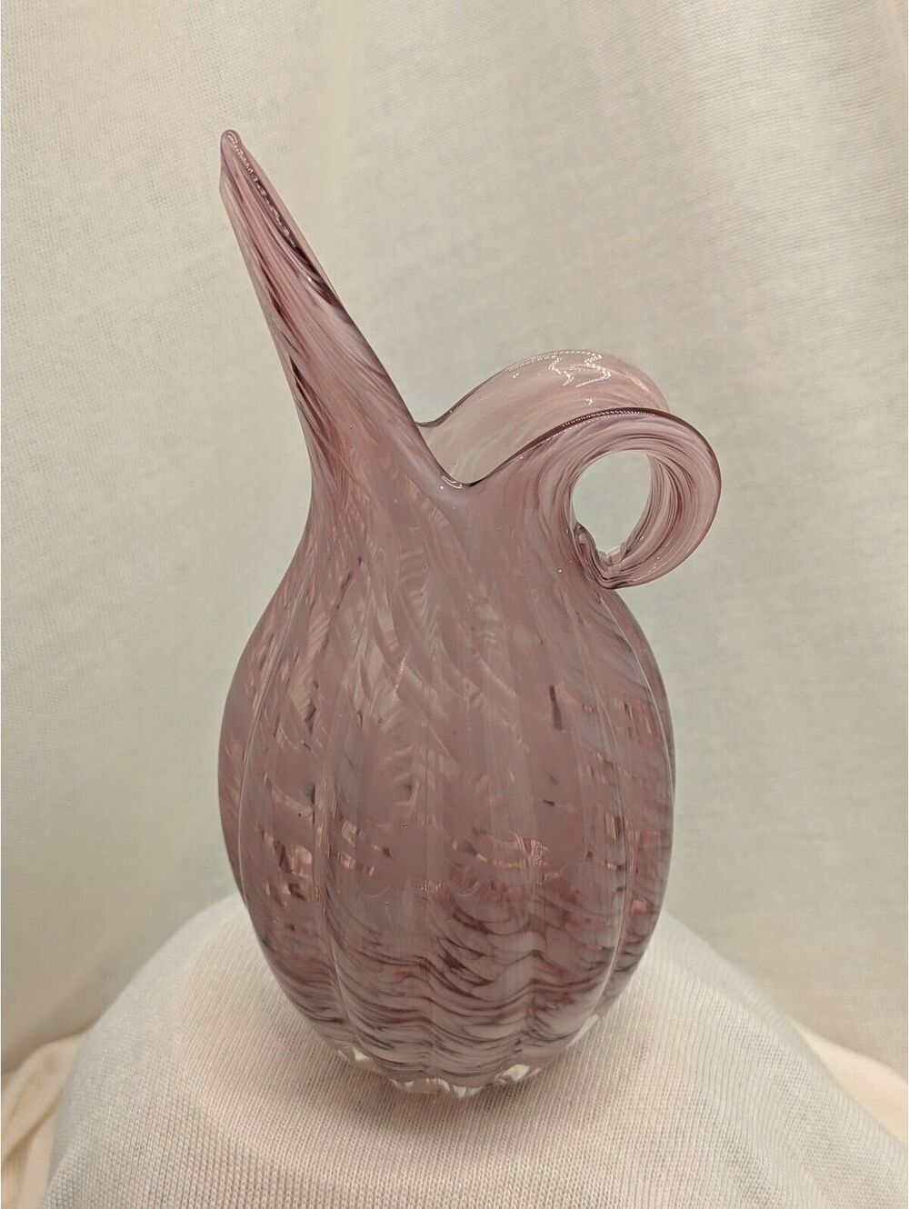 Vintage Lefton Pink and White Swirled Handblown Art Glass Pitcher